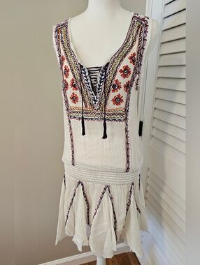 Free People FP One Fez White Embroidered Mini Dress | Vintage Boho | Size Medium